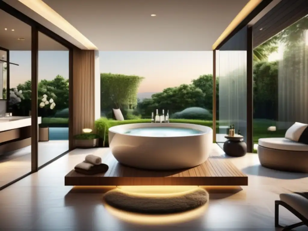 Exquisito baño con spa en mansión: diseño moderno, mármol elegante, jacuzzi espacioso, vistas panorámicas, tecnología avanzada