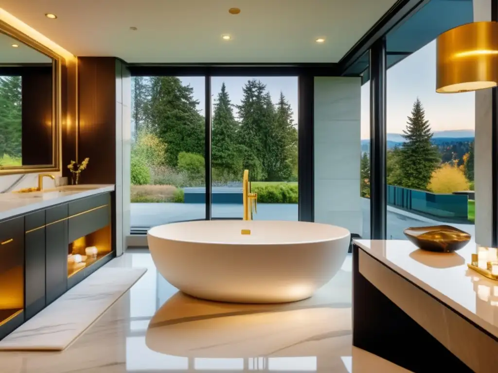 Lujoso baño de la mansión de Bill Gates en Seattle con vista panorámica y detalles en mármol