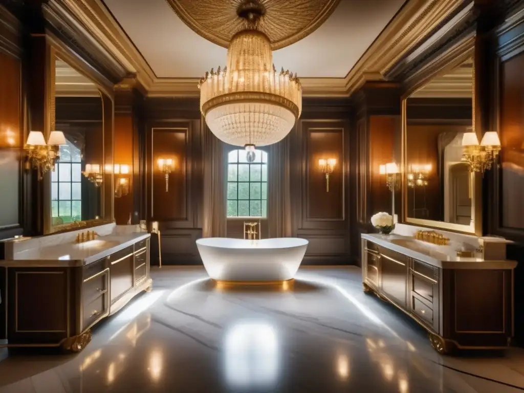 Diseño clásico: Baño lujoso con suelo de mármol, chandelier cristalino, paredes doradas y bañera independiente elegante