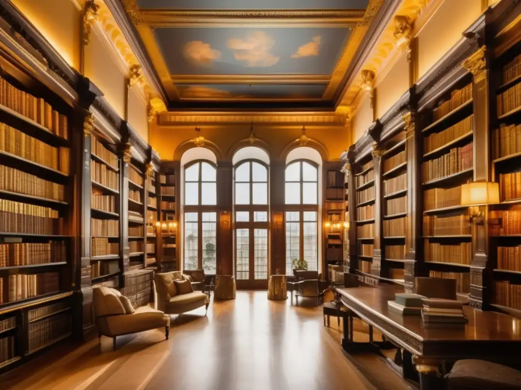 Biblioteca lujosa con frescos, estanterías llenas de libros y una mesa de lectura elegante