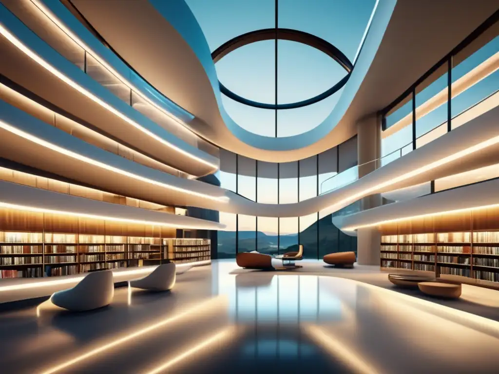 Biblioteca de lujo del futuro con arquitectura innovadora, tecnología avanzada y materiales sofisticados