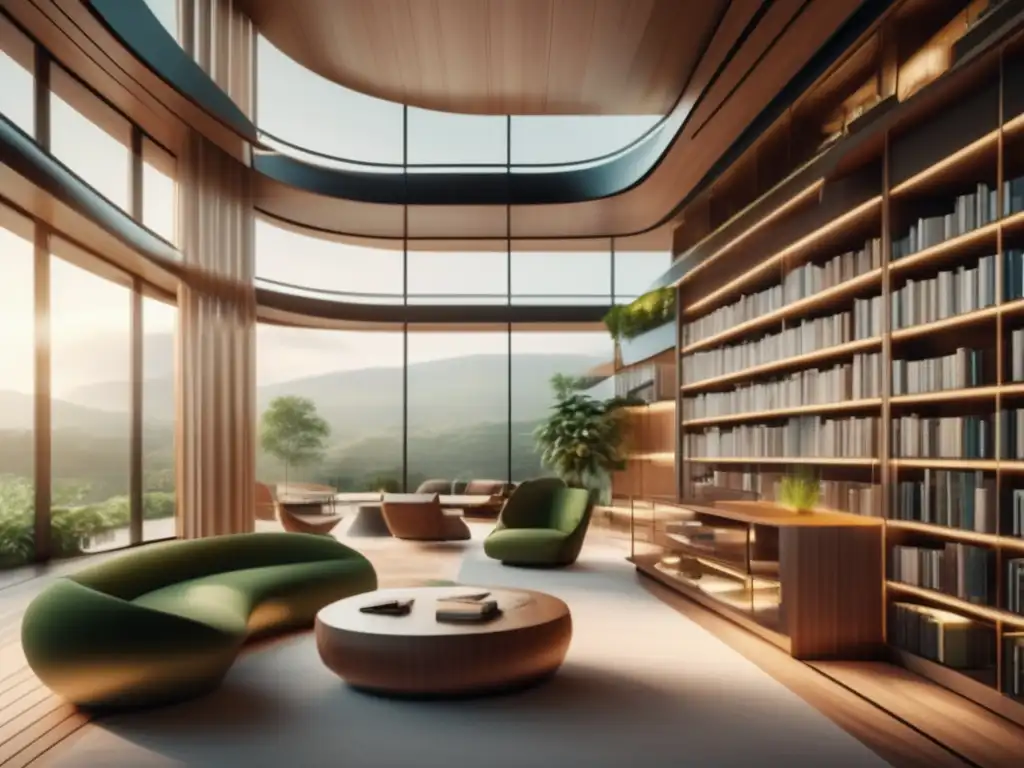 Biblioteca de lujo futurista con vista panorámica, materiales ecológicos, tecnología avanzada y jardín vertical