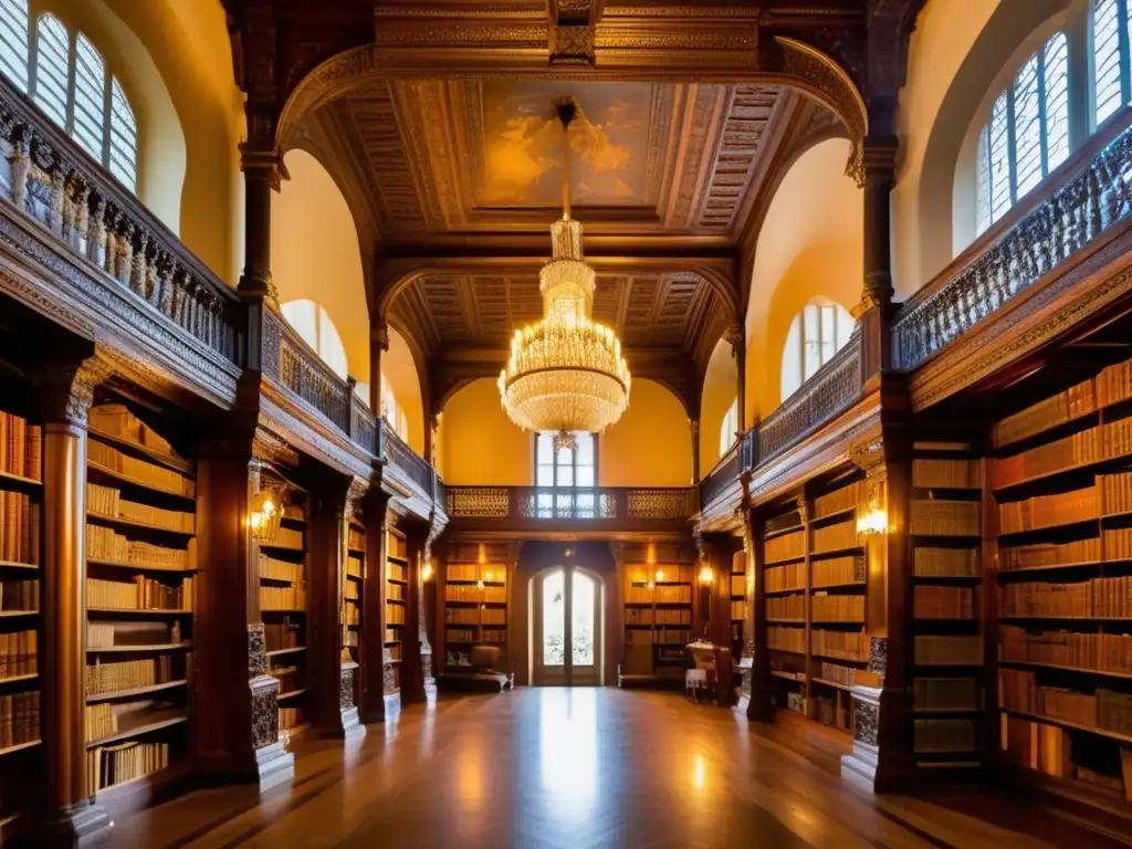 Biblioteca opulenta en palacio histórico, luz dorada, estanterías de madera tallada repletas de tomos encuadernados en piel