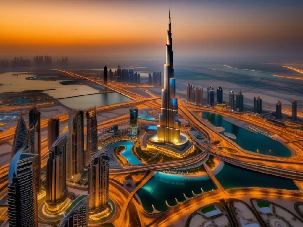 Arquitectura moderna en el icónico Burj Khalifa de Dubai, el rascacielos más alto del mundo, rodeado de una ciudad contemporánea