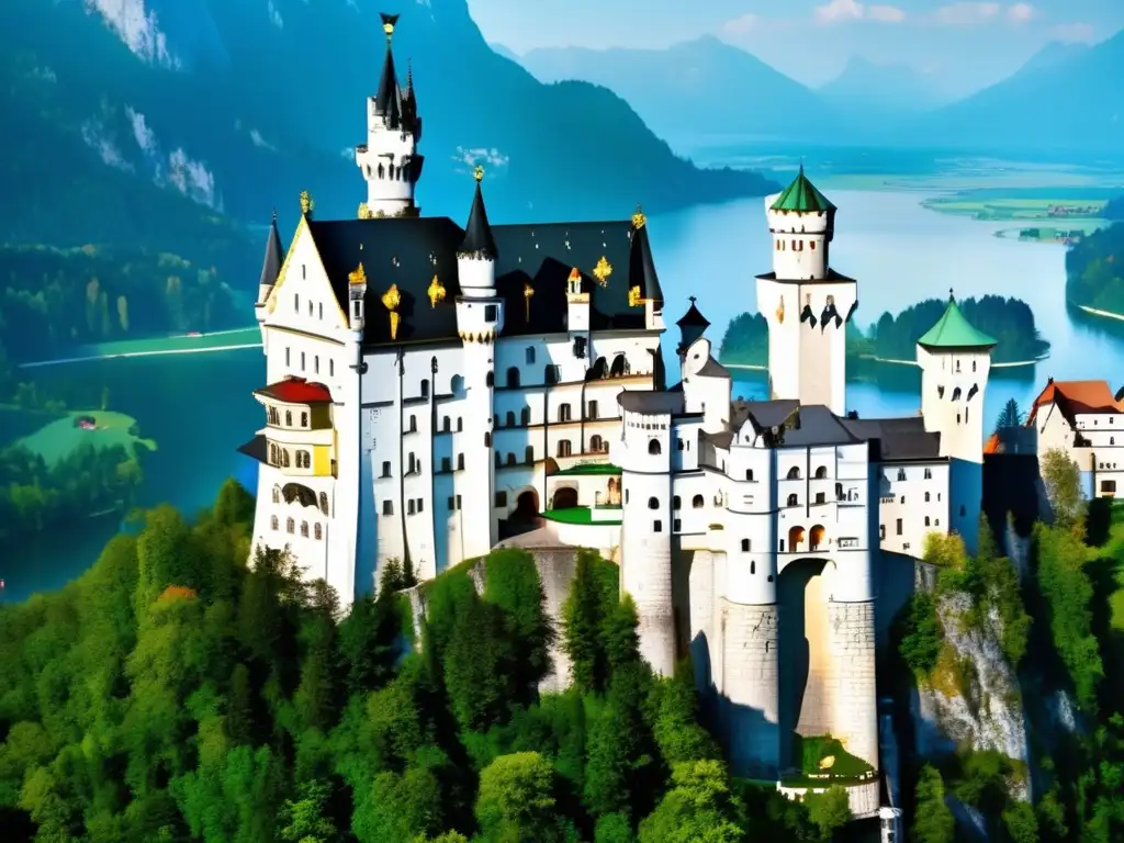 Los Palacios Históricos que Han Marcado la Cultura Popular: Imagen detallada del Castillo de Neuschwanstein en Baviera, Alemania, rodeado de bosques y un lago sereno, con su arquitectura imponente y adornos decorativos