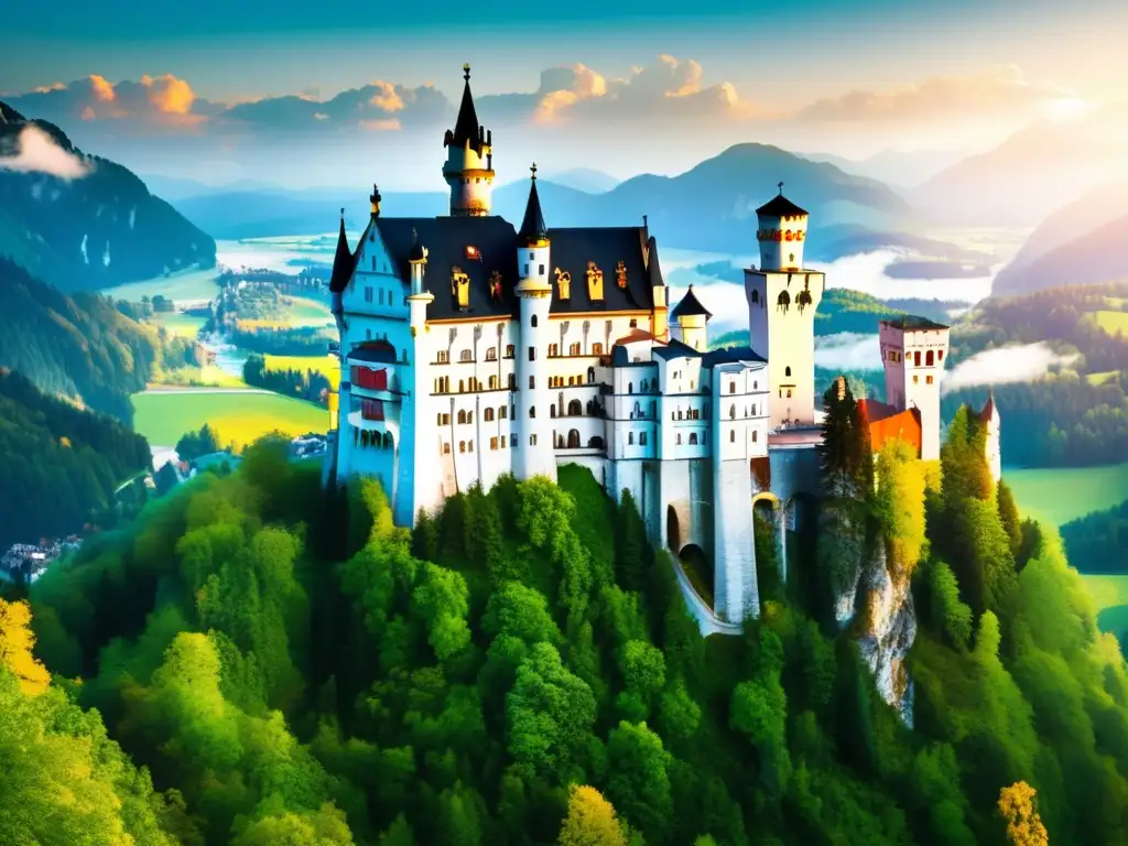 A vista aérea impresionante del majestuoso Castillo de Neuschwanstein, rodeado por el paisaje bávaro pintoresco