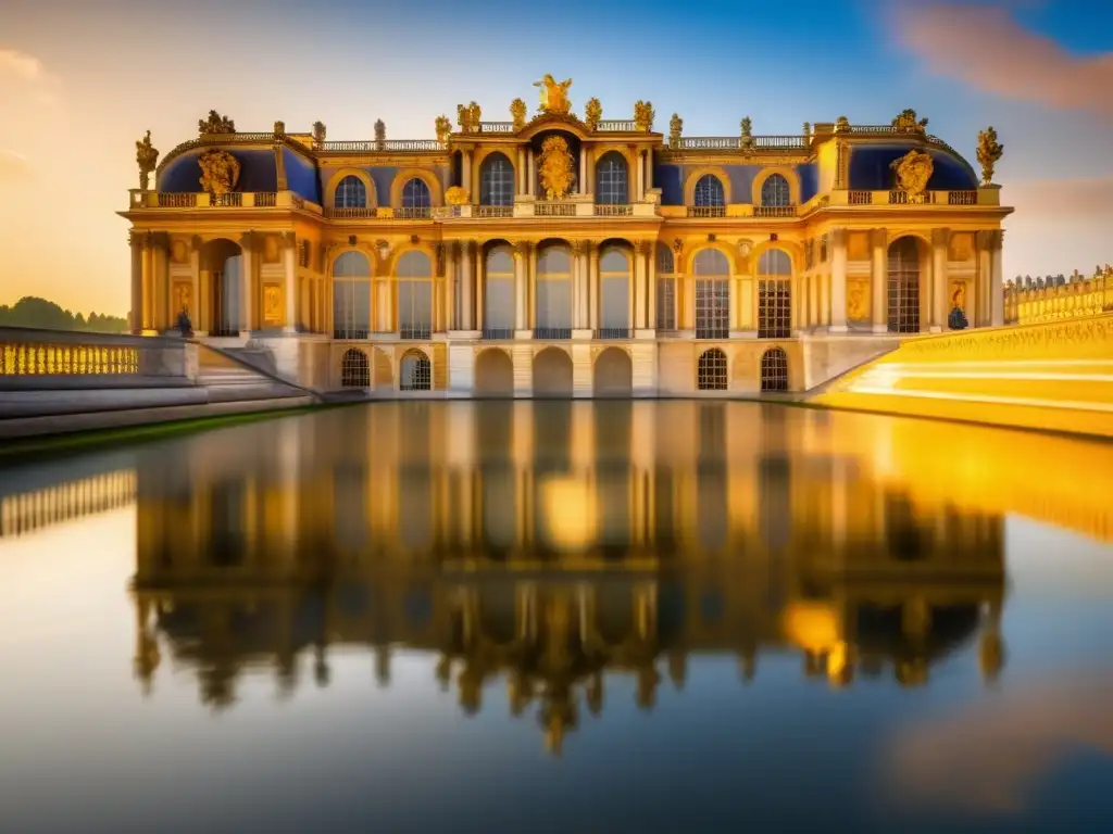 Majestuoso Château de Versailles en Francia, bañado en luz dorada, rodeado de jardines y fuentes ornamentadas