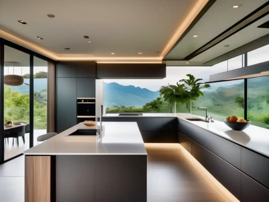 Cocina de lujo con vistas panorámicas y diseño moderno rodeada de naturaleza y montañas majestuosas