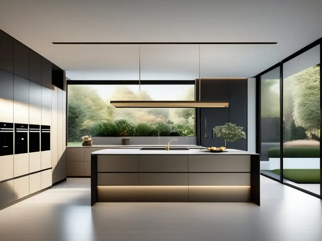 Diseño de cocinas de lujo en imagen de cocina minimalista y elegante con vistas a jardín y amplia iluminación natural