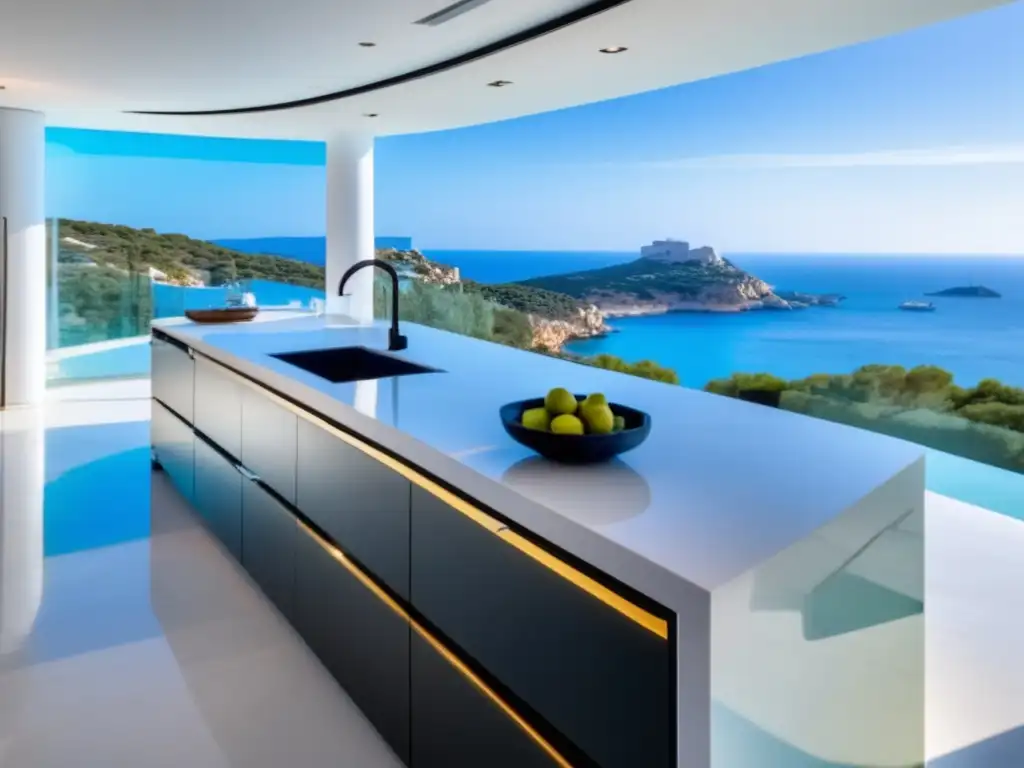 Cocina con vistas panorámicas en lujosa villa mediterránea en Ibiza