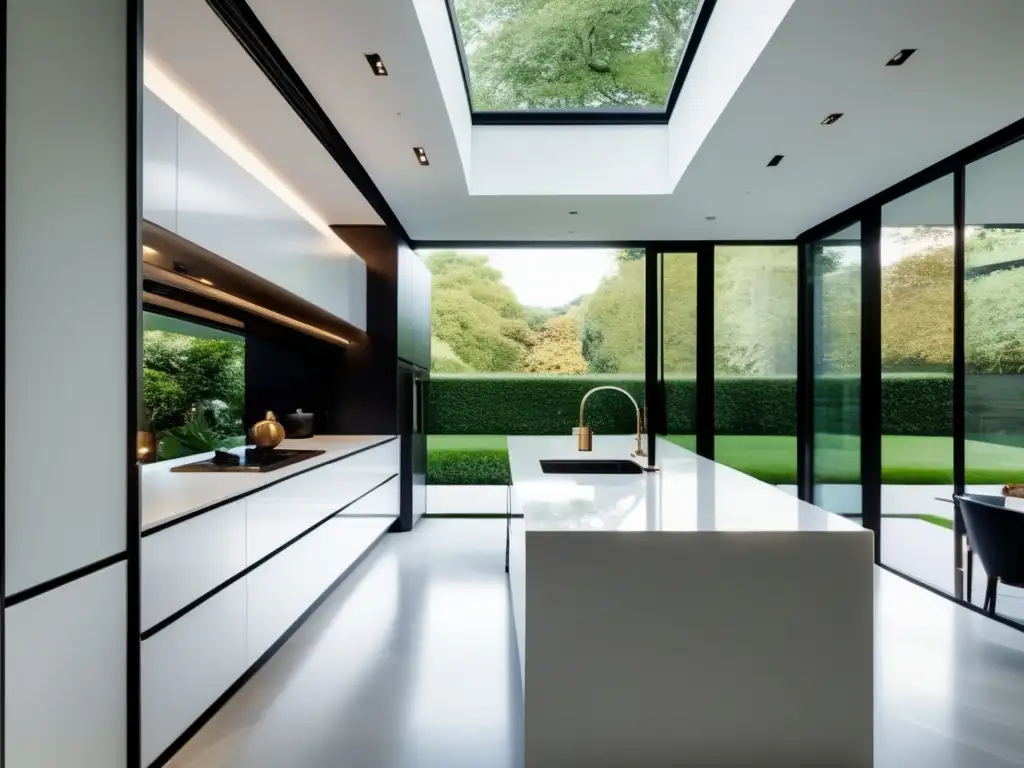 Diseño minimalista en cocina de lujo con isla de mármol y vista al jardín