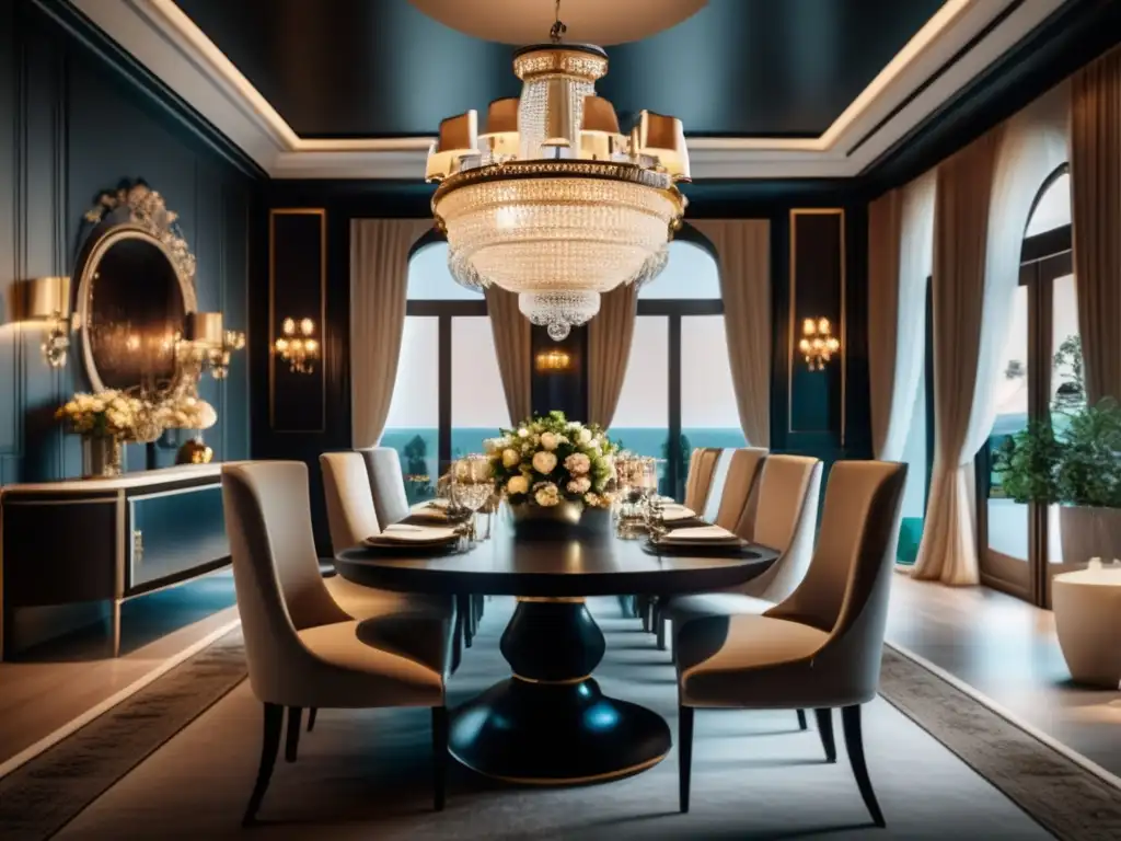 Comedor de lujo con detalles arquitectónicos, mesa elegante y ambiente opulento