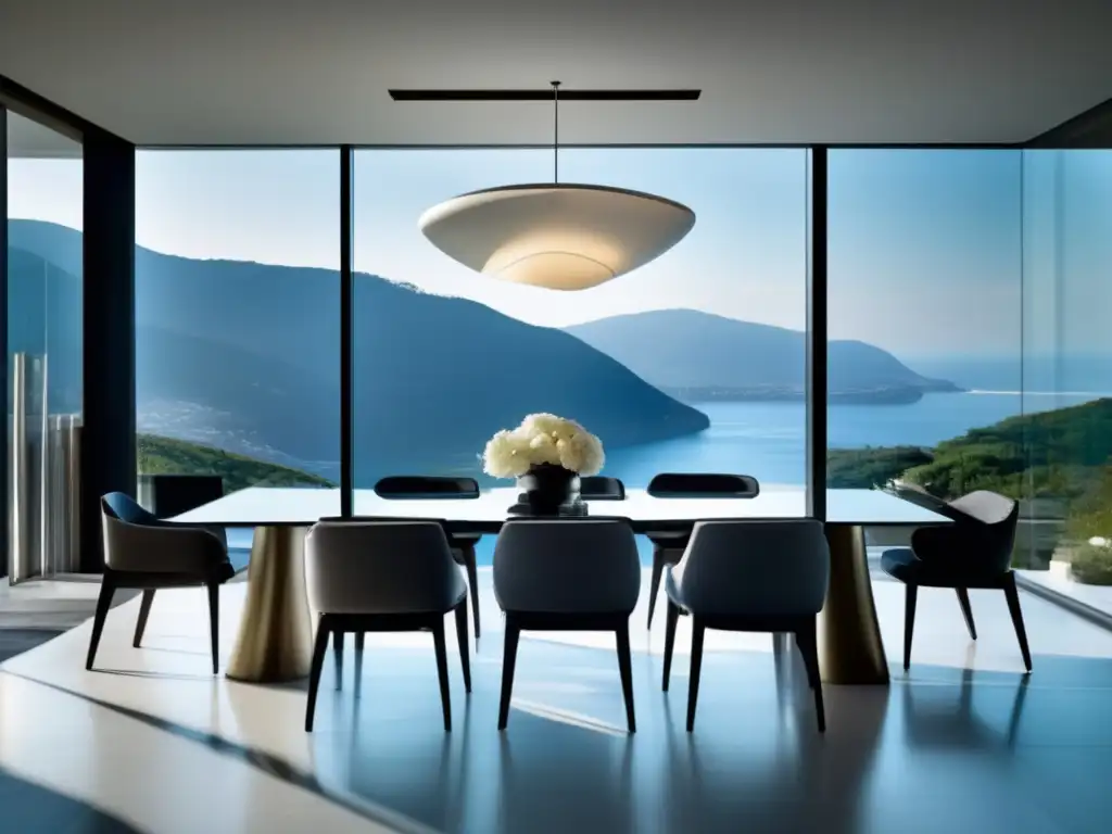 Comedor con vistas panorámicas de lujo, diseño moderno, mesa elegante y conexión perfecta entre interiores y exteriores