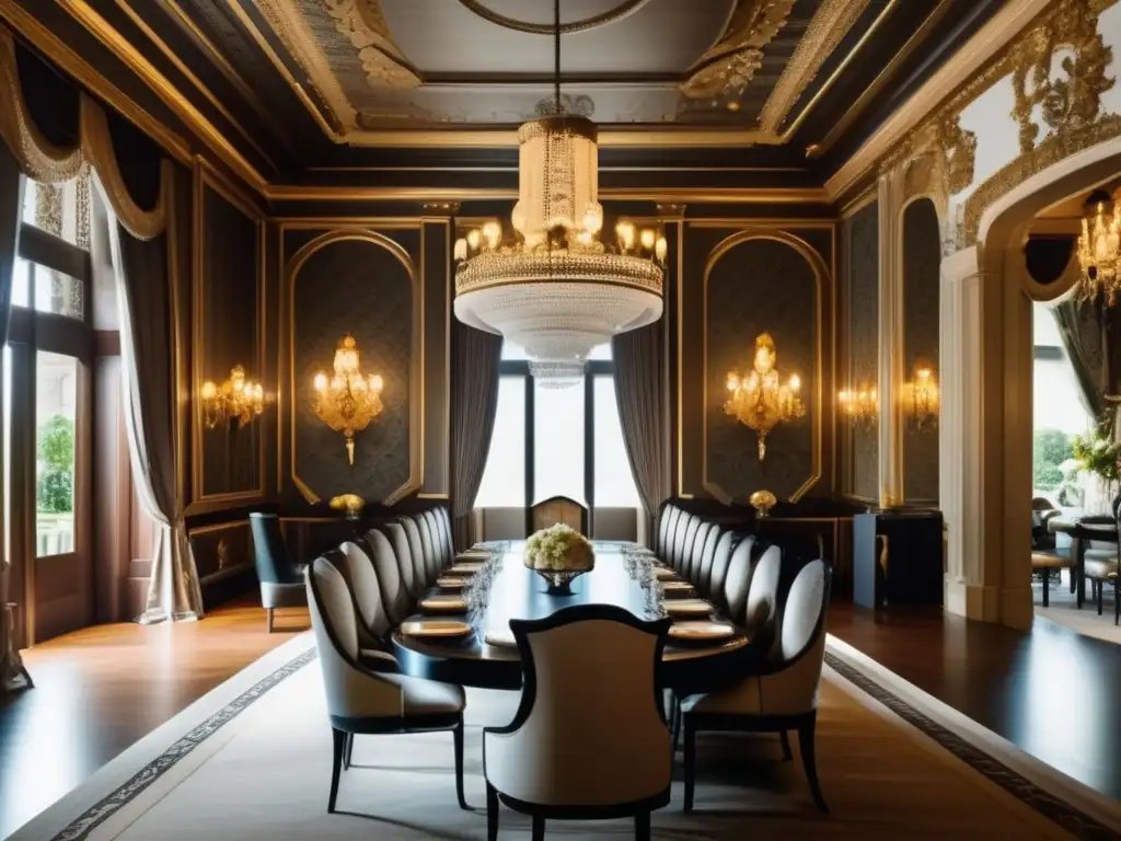 Comedor lujoso en mansión, opulencia y elegancia con detalles arquitectónicos, techos altos y lámparas