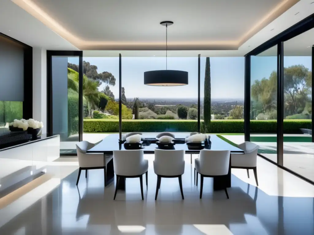 Un comedor de lujo moderno con elegante diseño y vistas panorámicas a jardines exuberantes