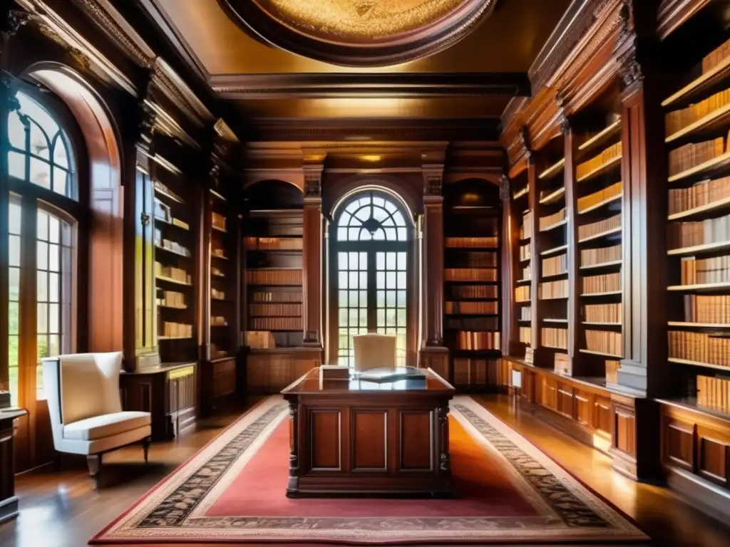 Biblioteca de lujo con iluminación natural, ventanales altos, estanterías de madera oscura, y ambiente elegante y tranquilo