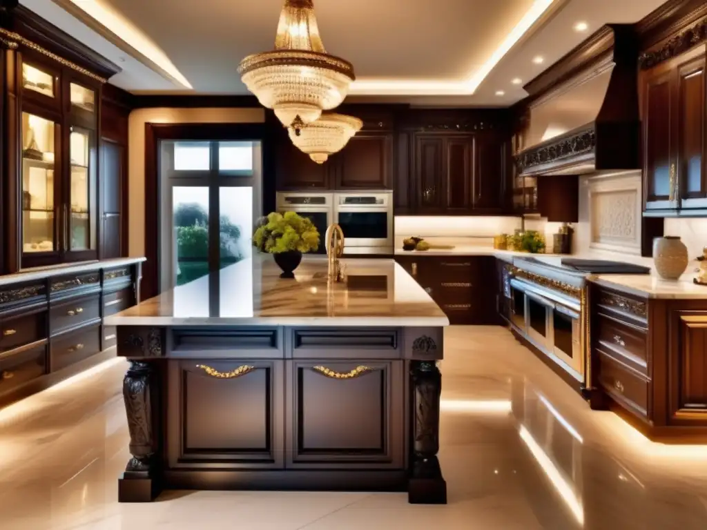 Diseño de cocinas de lujo con detalles elegantes, iluminación cálida y encanto opulento