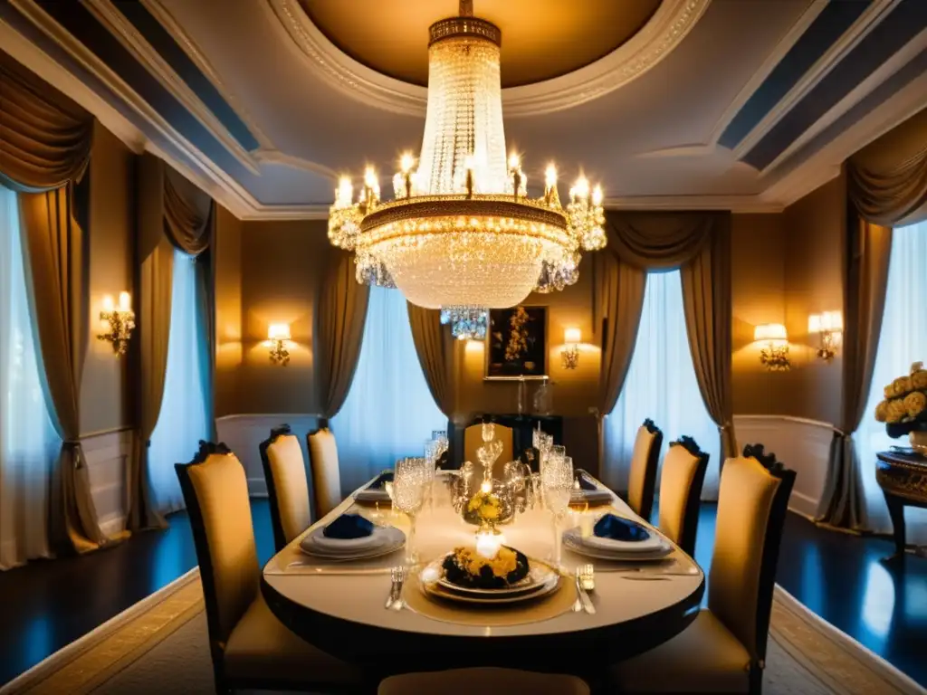 Comedor lujoso con chandelier de cristal, vajilla fina y ventana al jardín - Las Claves para Crear un Ambiente Lujoso en tu Comedor