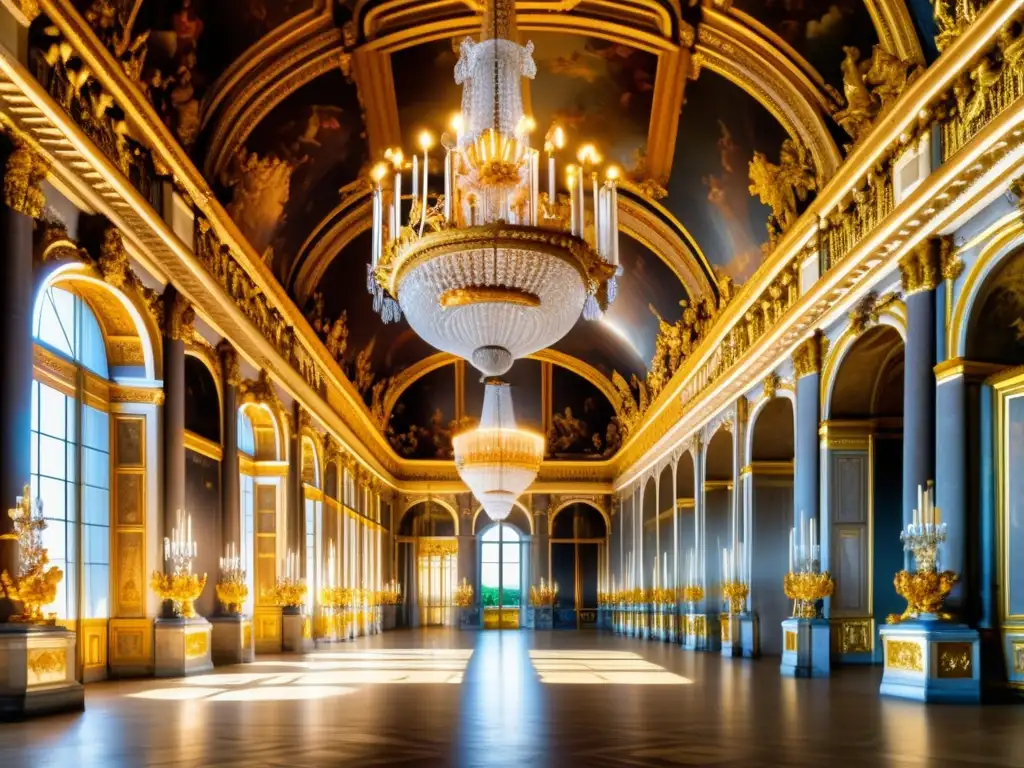 Majestuosa sala de espejos en el Palacio de Versalles, con frescos en el techo, ornamentos dorados y espejos hasta el techo