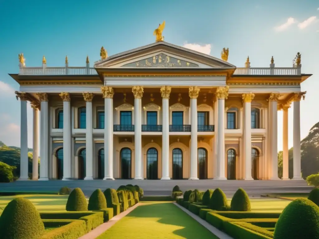 Vista impresionante de un edificio neoclásico rodeado de jardines exuberantes