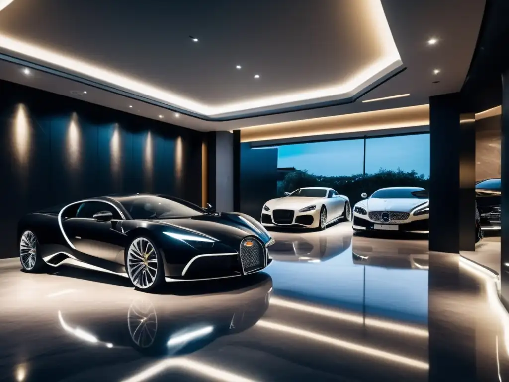 Garaje de lujo en propiedad opulenta con diseño moderno, iluminación ambiental y autos de alta gama