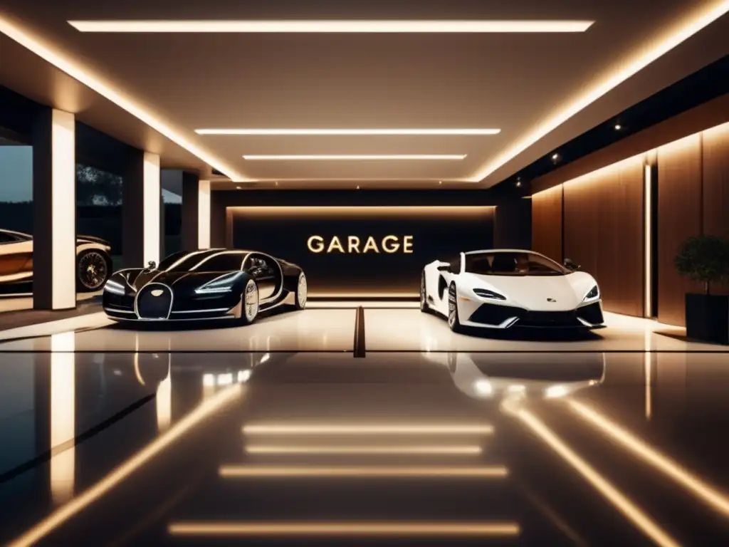 Garaje de lujo en propiedad opulenta con vehículos de alta gama y detalles exquisitos