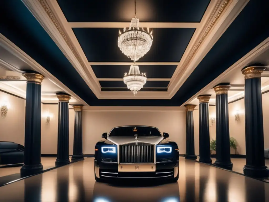 Garaje de lujo en mansión histórica con RollsRoyce Phantom y otros autos clásicos, reflejando elegancia y prestigio