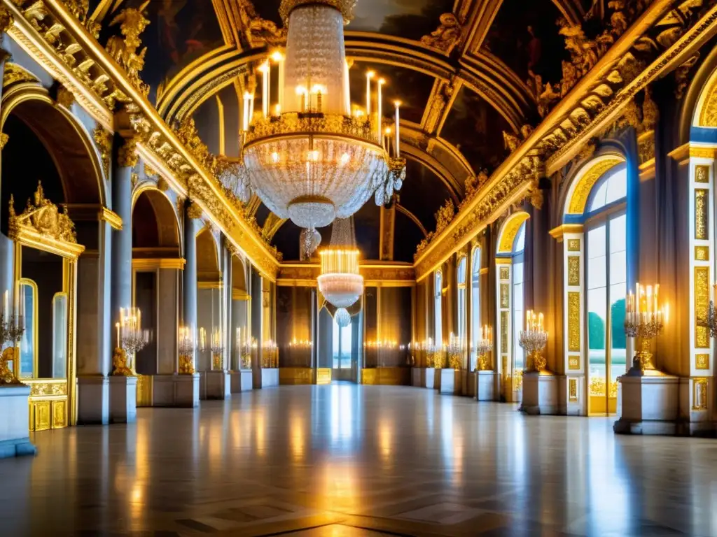 El majestuoso Salón de los Espejos en el Palacio de Versalles: opulencia y grandiosidad con frescos, espejos y detalles dorados