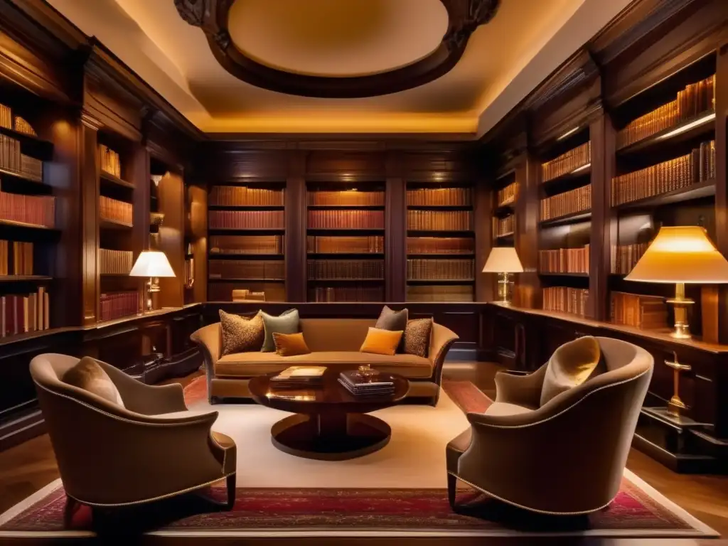 Diseño elegante de biblioteca en lujosa villa con libros, muebles cómodos y detalles arquitectónicos