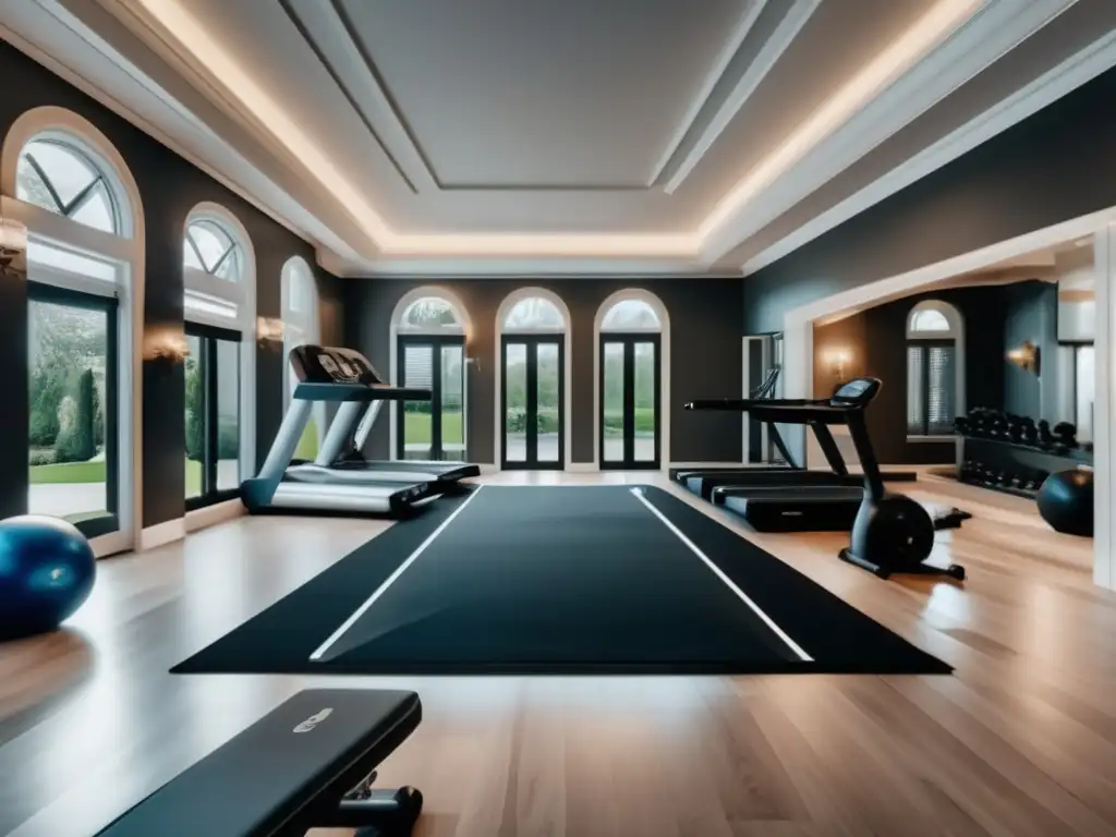 Mansion con gimnasio casero lujoso: arquitectura grandiosa y equipamiento de alta gama en una imagen 8k