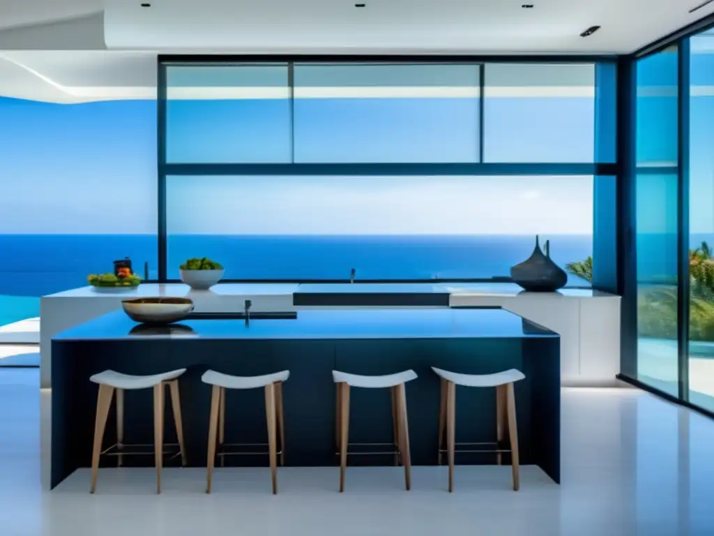 Cocina de lujo en villa de la Costa Azul, diseño minimalista y elegante con vista al mar