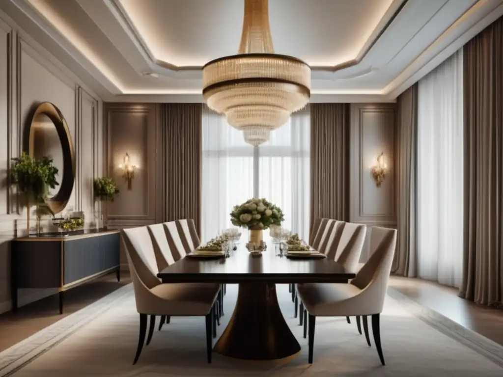 Comedor de lujo con diseño arquitectónico, muebles elegantes y detalles decorativos