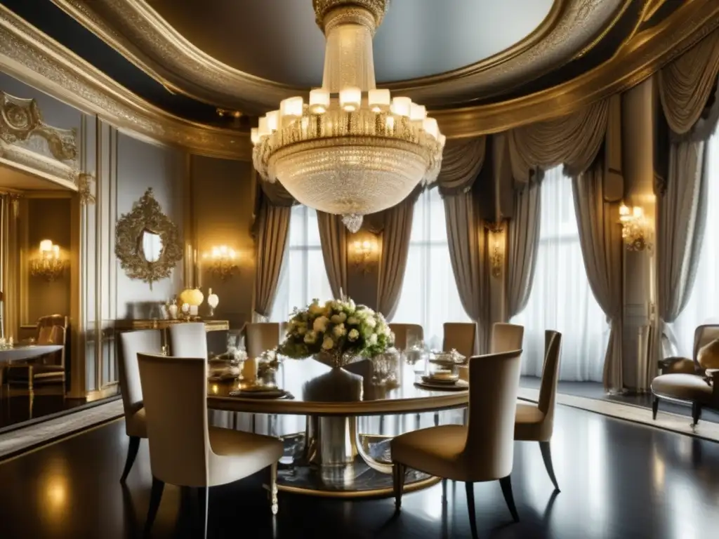 Comedor opulento con tonos dorados y plateados, altos techos adornados y elegante iluminación