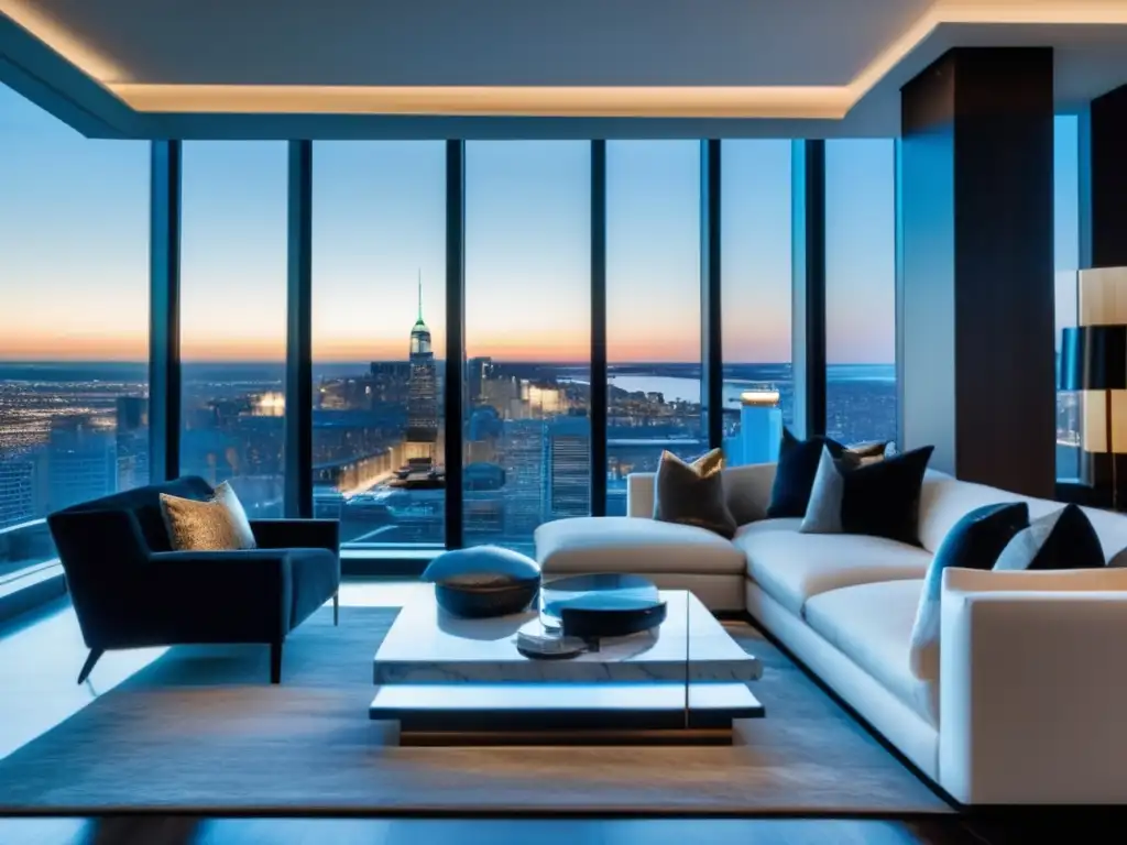 Penthouse de lujo con vistas impresionantes a la ciudad, sala amplia con sofás de terciopelo, chimenea de mármol y arte contemporáneo en las paredes