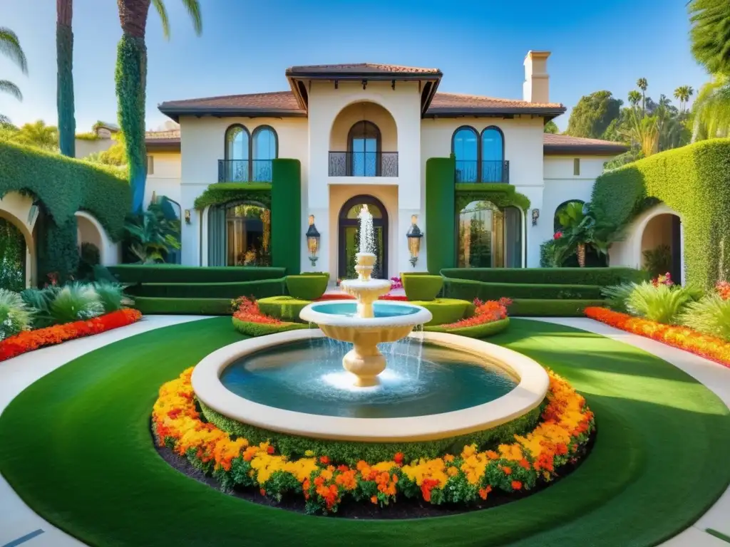 Descubre jardines exclusivos en mansiones de lujo: Beverly Hills, exquisita arquitectura y cascada relajante