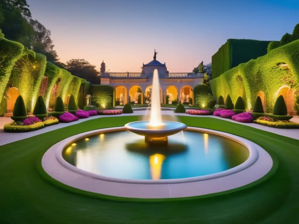 Jardín de lujo al atardecer con fuente, flores vibrantes y mansión opulenta