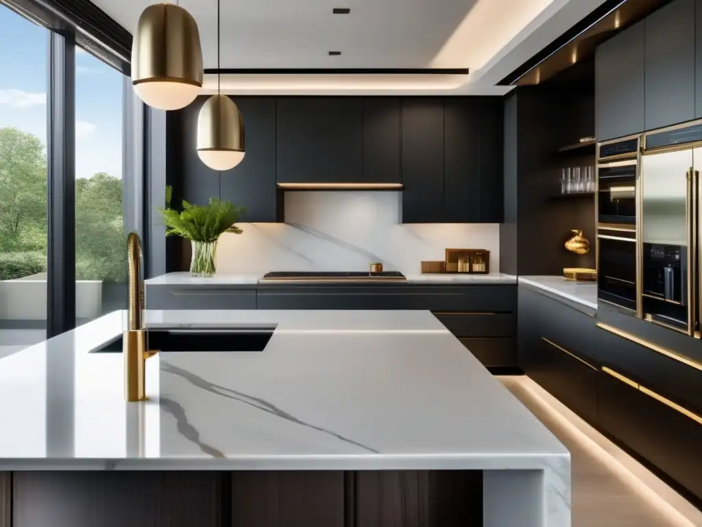 Cocina de lujo con detalles arquitectónicos exquisitos: muebles, encimeras de mármol y electrodomésticos de alta gama