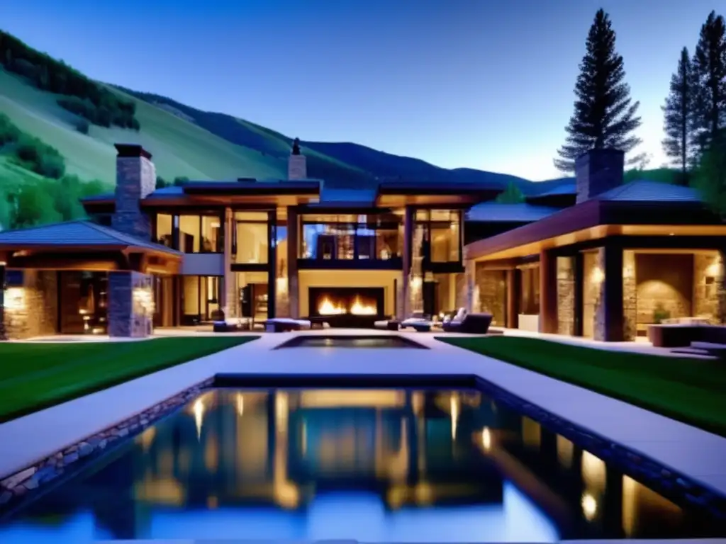 The image showcases a stunning luxury property in Aspen, CO, displaying modern-traditional architecture, surrounded by greenery and mountains