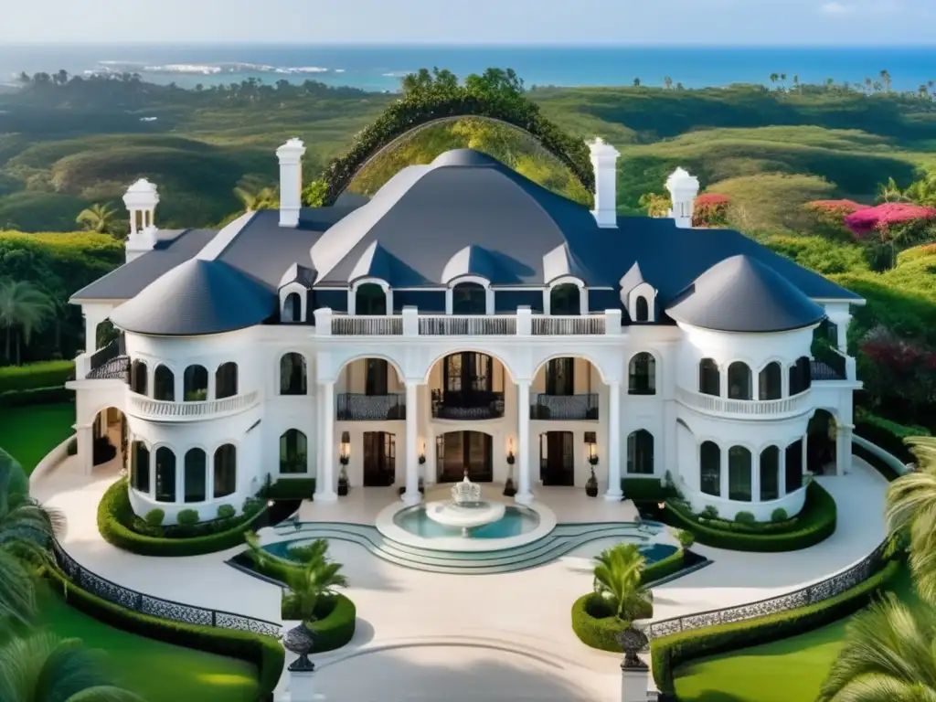 Mansión de lujo rodeada de naturaleza exuberante, con entrada majestuosa, arquitectura elegante y jardines impecables