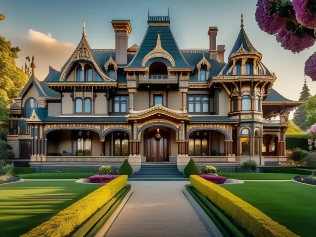 Mansión Winchester: arquitectura detallada y lujo en imagen 8K, con jardines exquisitos y enigmática belleza