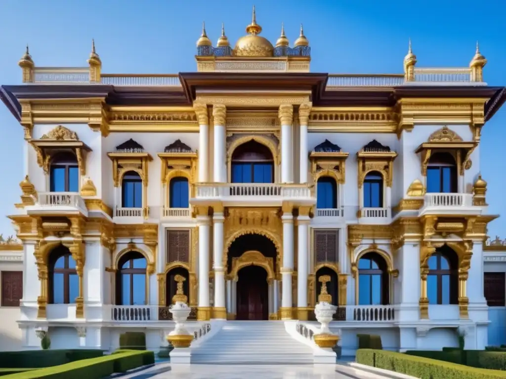 Fotografía de un palacete histórico, majestuoso y lujoso, rodeado de jardines verdes