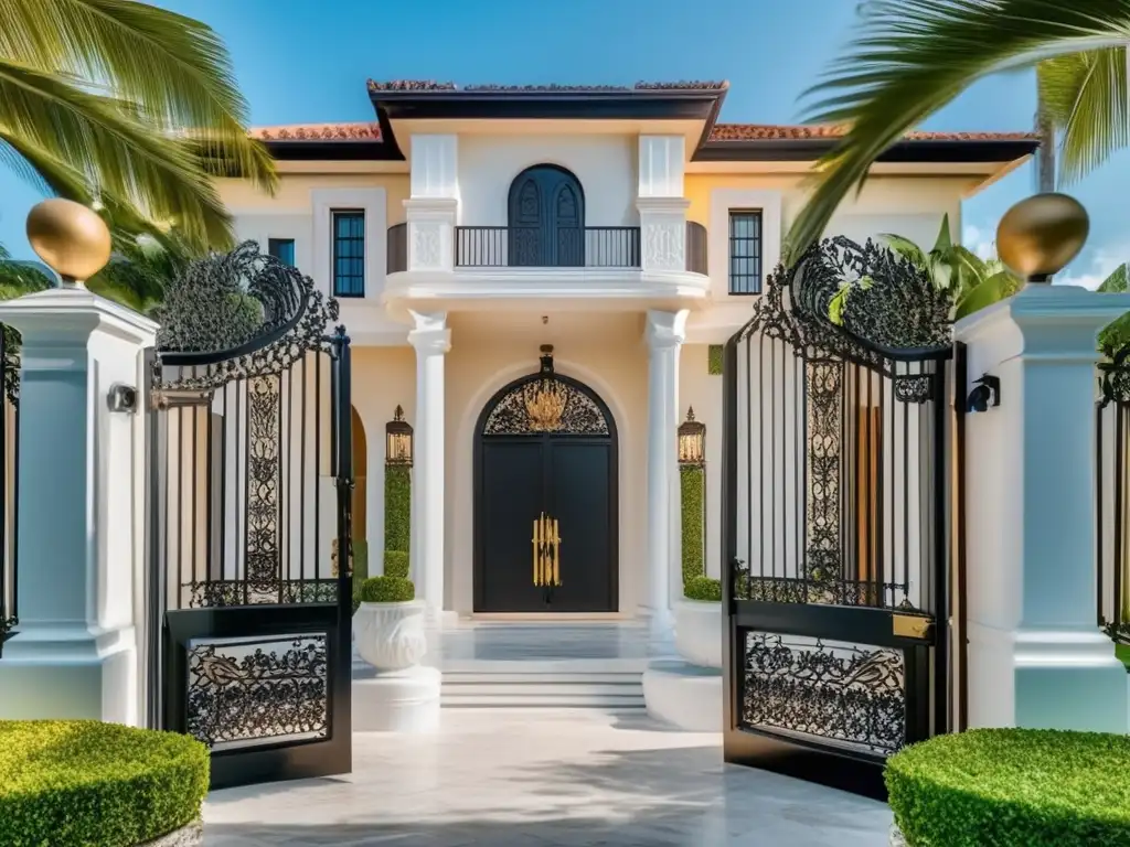 Entrada majestuosa de la mansión de lujo de Adriana Lima en Miami con puerta de hierro forjado y detalles dorados