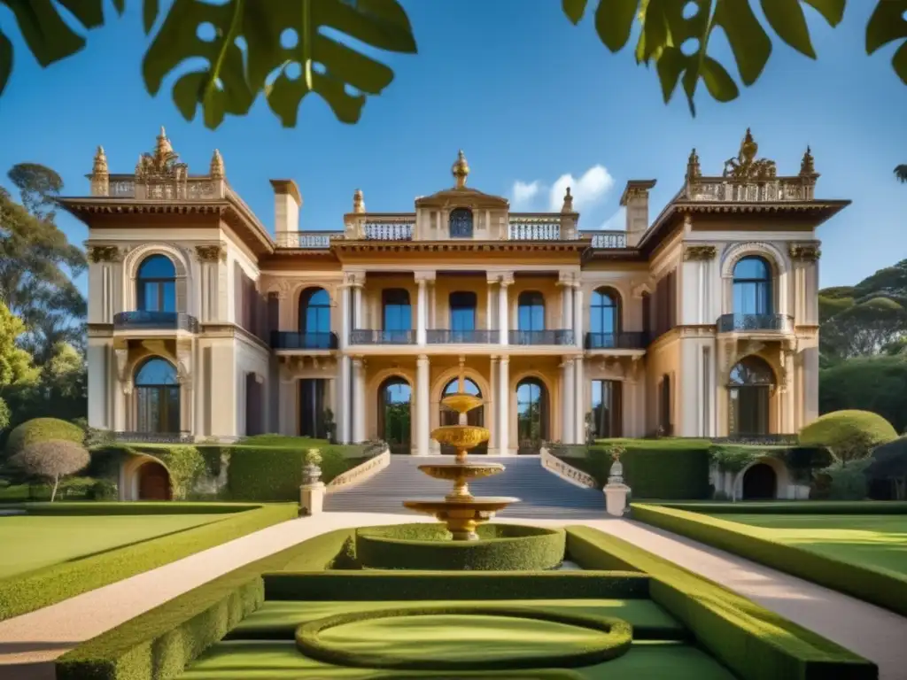 Mansión histórica de opulencia y elegancia, rodeada de jardines verdes y cielo azul