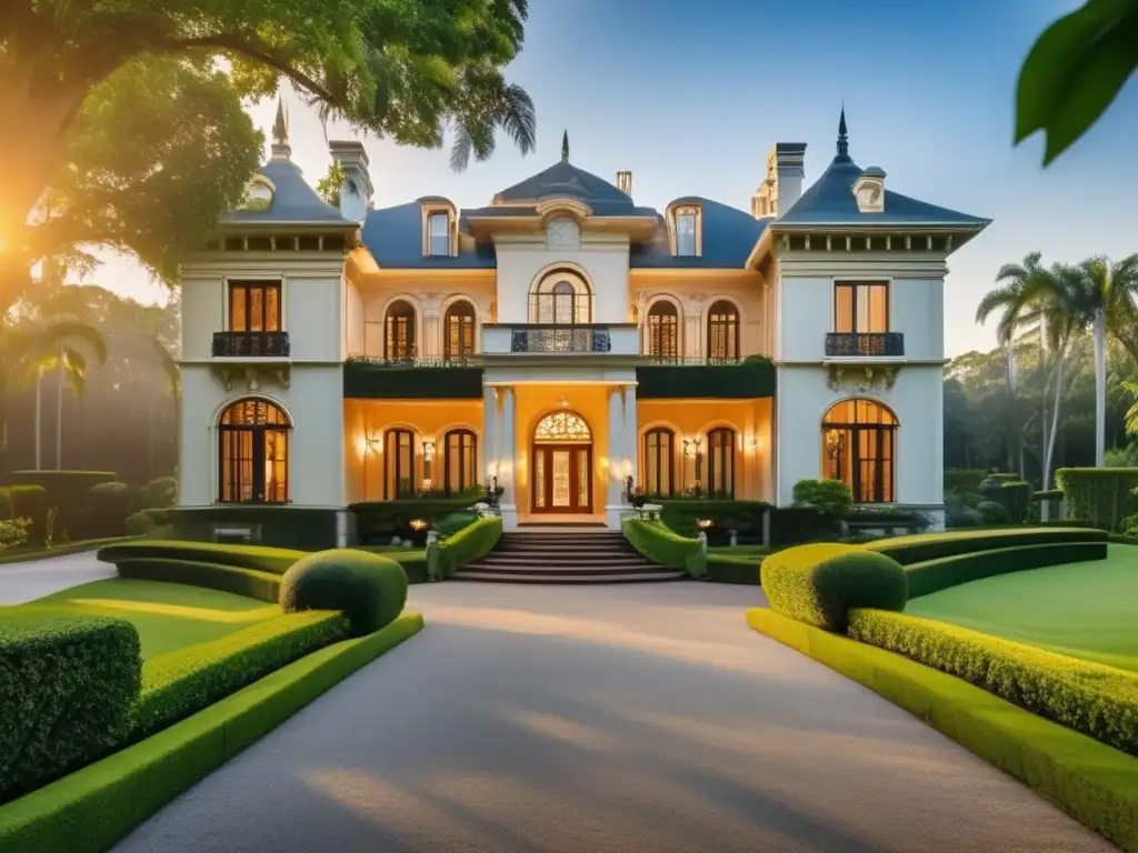 Mansión histórica rodeada de vegetación exuberante, con detalles arquitectónicos elegantes y una entrada majestuosa