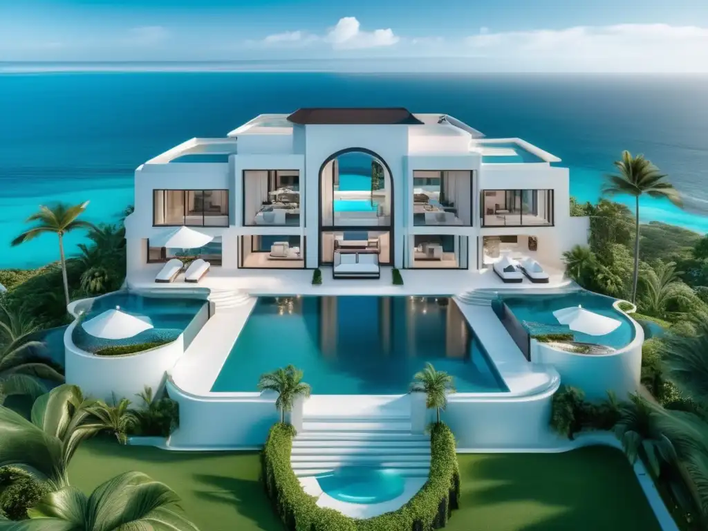 Mansión de lujo con vista al mar y piscina infinita en acantilado, elegante y sofisticada