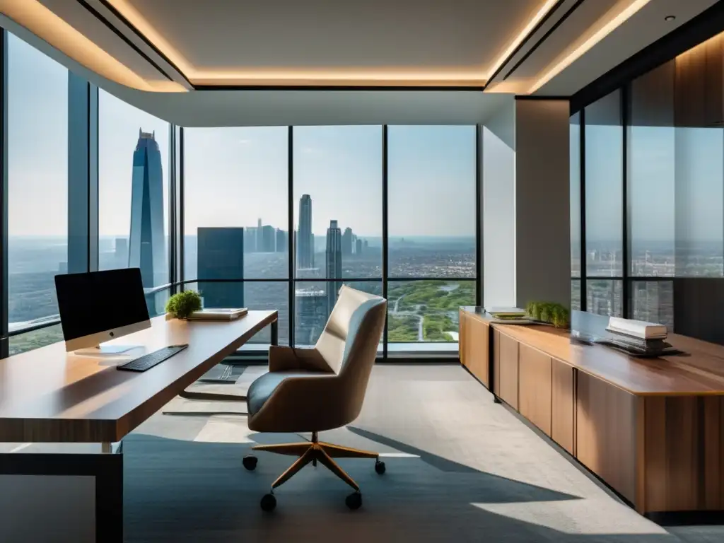 Oficinas de lujo con vistas panorámicas en edificio moderno rodeado de ventanas de piso a techo y diseño elegante