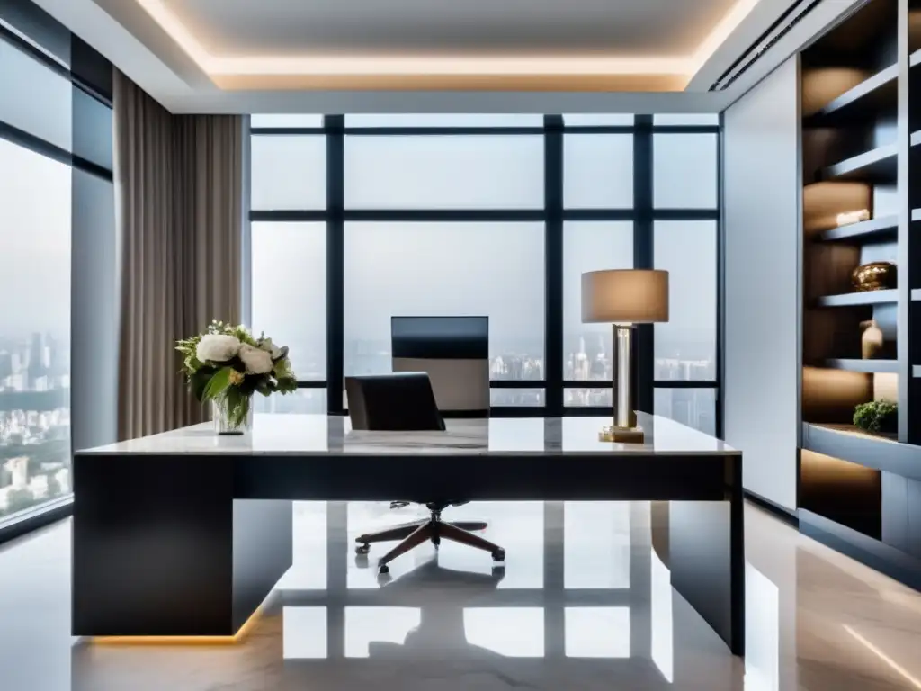 Oficinas elegantes en mansiones modernas: diseño minimalista, luz natural y mobiliario refinado