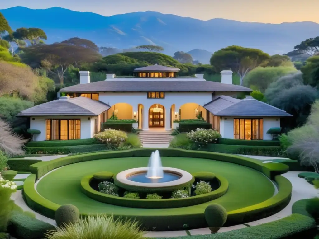 Rincones para meditar: Imagen impresionante de la mansión de Oprah Winfrey en Montecito, rodeada de exuberante vegetación y un relajante jardín Zen