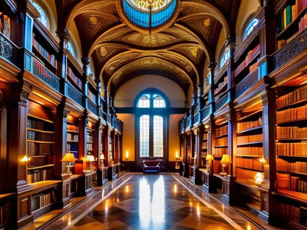 Biblioteca palaciega con estanterías antiguas y detalles arquitectónicos en palacetes históricos de bibliotecas antiguas