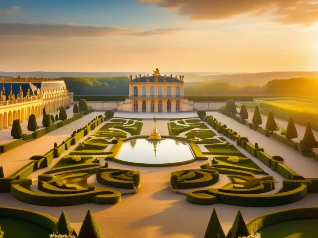 El Encanto Histórico del Palacio de Versalles en Francia, bañado en la luz dorada, con su arquitectura barroca y jardines impecables (110 caracteres)